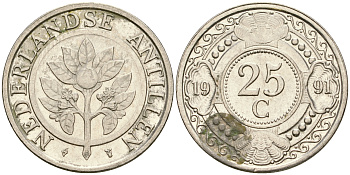 Нидерландские Антилы 25 центов 1991 Беатрикс (1980-2013) KM 35 сталь плакированная никелем 4364-1822