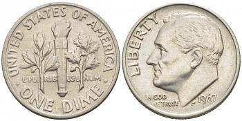 США 10 центов (дайм) 1967 Рузвельт KM 195а медь плакированная медно-никелем 105-1043