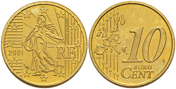 Франция 10 евроцентов 2001 KM 1285 латунь UNC 68-742