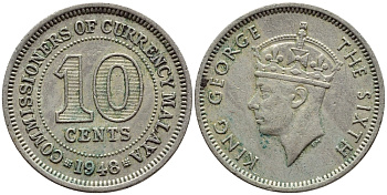 Британская Малайя 10 центов 1948 Георг VI (1937-1952) KM 8 медно-никель 4398-633