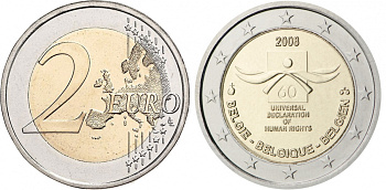 Бельгия 2 евро 2008 60 лет принятие декларации прав человека KM 248 биметалл UNC 4525-1236