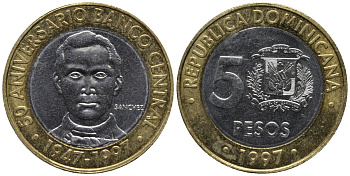 Доминиканская республика 5 песо 1997 50 лет центральному банку KM 88 биметалл 4577-1157