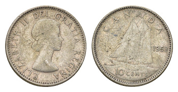 Канада 10 центов 1953 Елизавета II (1952-2022), парусник KM 51 серебро 4623-867