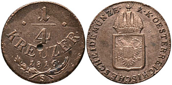 АВСТРИЯ 1/4 КРЕЙЦЕРА 1816 S, ФРАНЦ I (1806-1835) KM 2107 медь 116-826