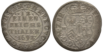 Бранденбург-Пруссия 1/12 талера 1692 WH, Фридрих III (1688-1701), вес 3,02 гр. Schrotter 615 серебро 1516-112