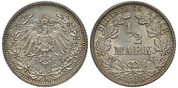 Германия 1/2 марки 1913 G J. 16, KM 17 серебро 413-6235