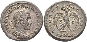 Римская Империя, Провинция Сирия тетрадрахма 245 Филипп I Араб, бюст императора в лавровом венке, обращенный вправо / орел, распростерший крылья, держит в клюве лавровый венок, в поле S C, ниже MON VRB, Антиохия ,