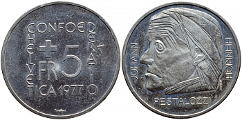ШВЕЙЦАРИЯ 5 ФРАНКОВ 1977 ЙОХАН ГЕНРИХ ПЕСТАЛОЦЦИ, 150 ЛЕТ СО ДНЯ СМЕРТИ KM 55 медно-никель UNC 1520-1545