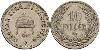 Венгрия 10 филлеров 1894 KB, Франц Иосиф I (1848-1916) KM 482 никель 4154-844