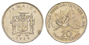 Ямайка 20 центов 1986 ФАО - WORLD FOOD DAY OCTOBER 16.1981 KM 120 медно-никель 4652-614
