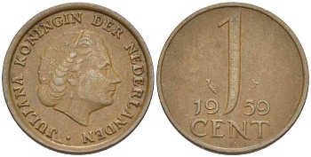 НИДЕРЛАНДЫ 1 ЦЕНТ 1959 ЮЛИАНА KM 180 бронза 66-849