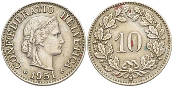 ШВЕЙЦАРИЯ 10 РАППЕНОВ 1951 В KM 27 медно-никель 216-1244