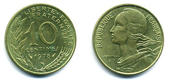ФРАНЦИЯ 10 САНТИМОВ 1978 ТИП MARIANNE КМ 929 медь алюминий никель 3999-711
