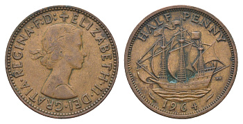 Великобритания 1/2 пенни 1964 Елизавета II (1952-2022) KM 896, Spink 4158 бронза 4662-1224