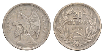 Чили 20 сентаво 1925 KM 167 медно-никель 4656-152
