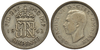 Великобритания 6 пенсов 1943 Георг VI (1936-1952) KM 852, Spink 4084 серебро 4538-527