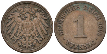Германия 1 пфенниг 1909 A KM 10, J. 10 медь 4576-114
