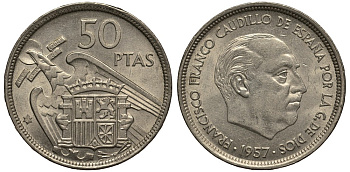 Испания 50 песет 1957 (58) Франсиско Франко (1939-1975) KM 788 медно-никель 4185-714