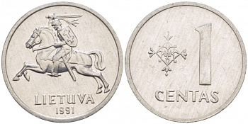 ЛИТВА 1 ЦЕНТ 1991 ГОД ТИП KM 85 алюминий UNC 4547-1144