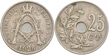 БЕЛЬГИЯ 25 САНТИМОВ 1928 BELGIE KM 69 медно-никель 68-255