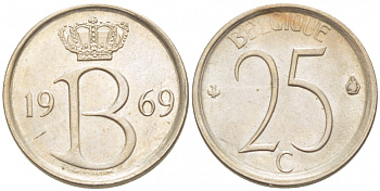 БЕЛЬГИЯ 25 САНТИМОВ 1969 BELGIQUE KM 153.1 медно-никель UNC 3996-1013
