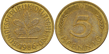 ФРГ 5 пфеннигов 1986 D J.382, KM 107 сталь плакированная латунью    4598-1047