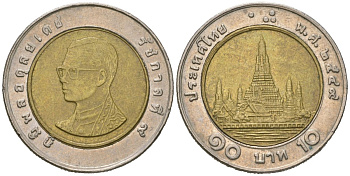 Таиланд 10 бат 2006 BE 2549, Рама IX (1946-2016) KM 227 биметалл 4589-1156