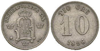 Швеция 10 эре 1896 EB, Оскар II (1872-1907) KM 755 серебро 4611-357