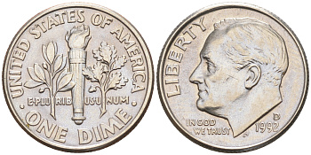 США 10 ЦЕНТОВ = 1 ДАЙМ 1992 D, РУЗВЕЛЬТ KM 195a медь плакированная медно-никелем 188-714
