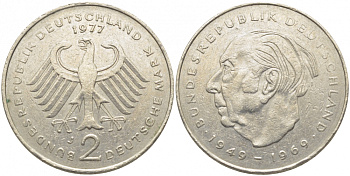 ФРГ 2 МАРКИ 1977 J, ТЕОДОР ХОЙС KM 127, J. 407 медно-никель плакированный никелем 3856-346
