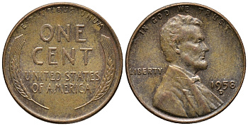 США 1 ЦЕНТ 1958 D, ЛИНКОЛЬН KM А132 медь цинк 66-216
