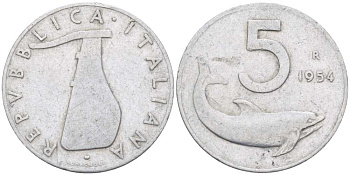 ИТАЛИЯ 5 ЛИР 1954 R, РУЛЬ, ДЕЛЬФИН KM 92 алюминий 24-122