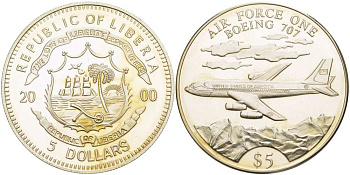ЛИБЕРИЯ 5 ДОЛЛАРОВ 2000 БОРТ НОМЕР ОДИН, БОИНГ 707, САМОЛЁТ медно-никель UNC 1080-9-42