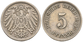 Германия 5 пфеннигов 1914 A, KM 11, J. 12 медно-никель 220-737