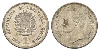 Венесуэла 1 боливар 1989 Симон Боливар, тонкий шрифт Y 52a.1 сталь плакированная никелем 4591-324