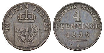 Пруссия 4 пфеннига 1858 A, Вильгельм I (1861-1888) KM 454a медь 41-1213