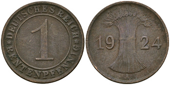 Германия 1 рентенпфенниг 1924 A KM 30, J. 306 бронза 4608-314