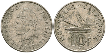 Французская Новая Каледония 10 франков 2012 рыбачья парусная лодка, (IEOM) KM 11a, Schoen 13a, Lec 99k медно-никель 65-152