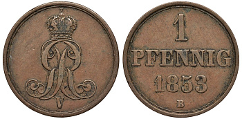 Ганновер 1 пфенниг 1853 B, Георг V KM 221, AKS 155, J. 83 медь 4594-242