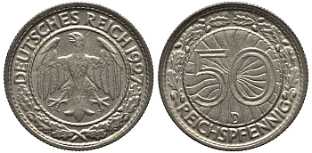 ГЕРМАНИЯ 50 РЕЙХСПФЕННИГОВ 1927 D KM 49, J. 324 никель 4556-711