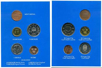 Швеция набор из 4 монет + медаль 1998 в оригинальном картонном буклете, Карл XVI Густав (1973- ) KM MS 91 UNC 4-4-1-36