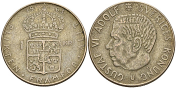 Швеция 1 крона 1963 U, Густав VI Адольф (1950-1973) KM 826 серебро 4150-126