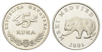 Хорватия 5 кун 2001 бурый медведь, нечетный год KM 11 медь цинк никель  UNC  4660-425
