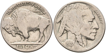США 5 центов 1927 индеец, бизон KM 134 медно-никель 4563-233