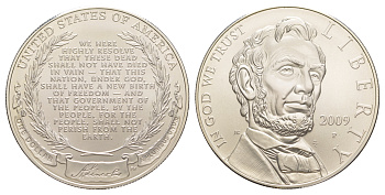 США 1 доллар 2009 P, 200 лет со дня рождения Авраама Линкольна KM 454 серебро  UNC  1079-5-61