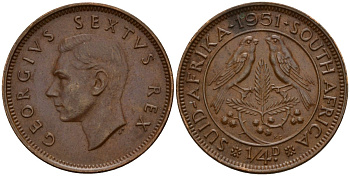 ЮАР 1/4 пенни 1951 Георг VI (1937-1952) KM 32.2 бронза 4164-668