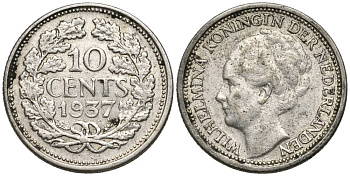Нидерланды 10 центов 1937 Вильгельмина I (1890-1948) КМ 163 серебро 4549-1045