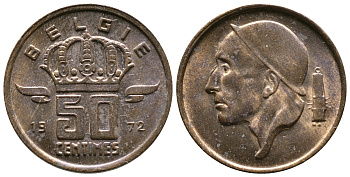 Бельгия 50 сантимов 1972 Belgie, Бодуэн I (1951-1993) KM 149.1 бронза 4383-1137