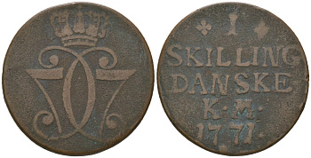 Дания 1 скиллинг 1771 Кристиан VII (1766-1808) KM 616 медь 4171-831