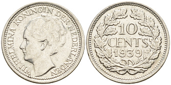 Нидерланды 10 центов 1939 Вильгельмина I (1890-1948) KM 163 серебро  4160-1243